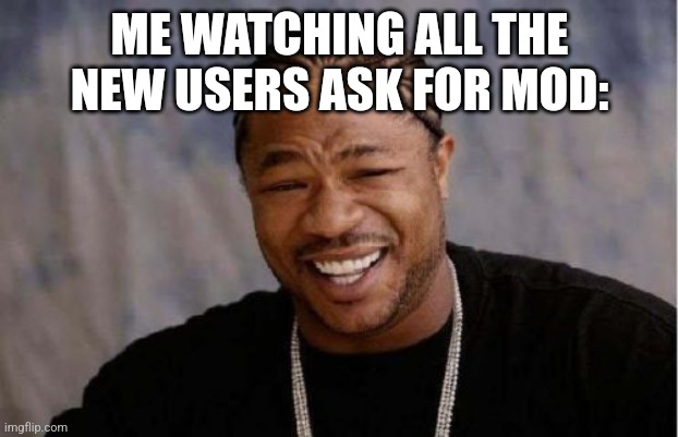 Yo Dawg Heard You | ME WATCHING ALL THE NEW USERS ASK FOR MOD: | image tagged in memes,yo dawg heard you | made w/ Imgflip meme maker