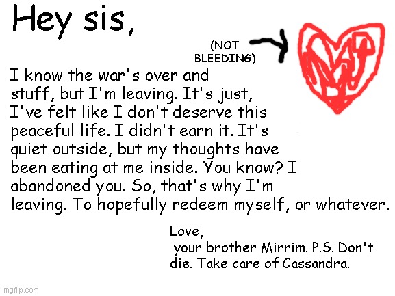 Reflection: Chapter 1: Farewell | Hey sis, I know the war's over and stuff, but I'm leaving. It's just, I've felt like I don't deserve this peaceful life. I didn't earn it. It's quiet outside, but my thoughts have been eating at me inside. You know? I abandoned you. So, that's why I'm leaving. To hopefully redeem myself, or whatever. (NOT BLEEDING); Love,
 your brother Mirrim. P.S. Don't die. Take care of Cassandra. | image tagged in blank white template | made w/ Imgflip meme maker