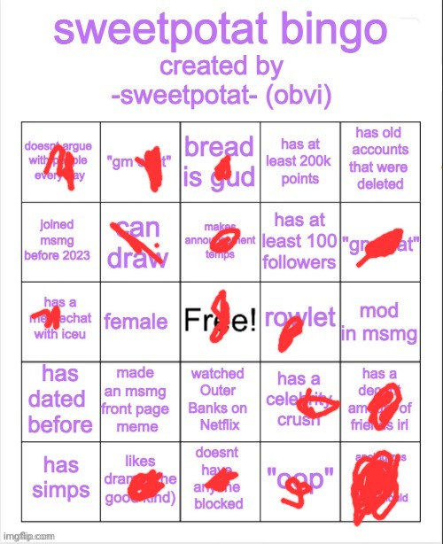 sweetpotat bingo! | image tagged in sweetpotat bingo | made w/ Imgflip meme maker