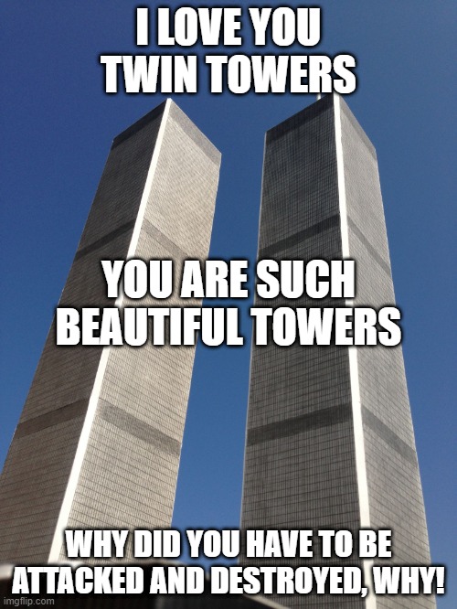 I love you Twin Towers | I LOVE YOU TWIN TOWERS; YOU ARE SUCH BEAUTIFUL TOWERS; WHY DID YOU HAVE TO BE ATTACKED AND DESTROYED, WHY! | image tagged in twin towers | made w/ Imgflip meme maker