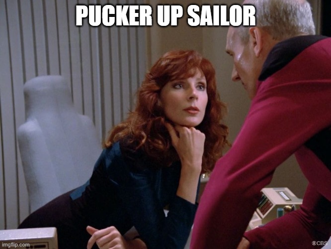 Dr Crusher Staring at Picard | PUCKER UP SAILOR | image tagged in dr crusher staring at picard | made w/ Imgflip meme maker