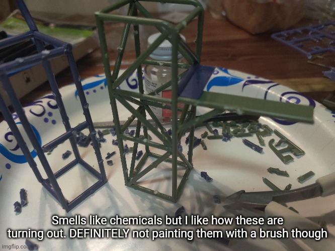 Smells like chemicals but I like how these are turning out. DEFINITELY not painting them with a brush though | made w/ Imgflip meme maker