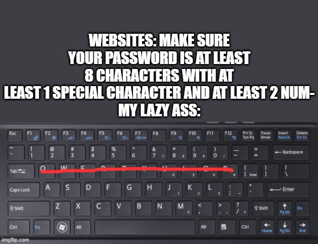 Anyone else make the laziest and easiest password to remember knowing damn well ain't nobody else interested in it? | WEBSITES: MAKE SURE YOUR PASSWORD IS AT LEAST 8 CHARACTERS WITH AT LEAST 1 SPECIAL CHARACTER AND AT LEAST 2 NUM-
MY LAZY ASS: | image tagged in keyboard warrior,website,password strength | made w/ Imgflip meme maker