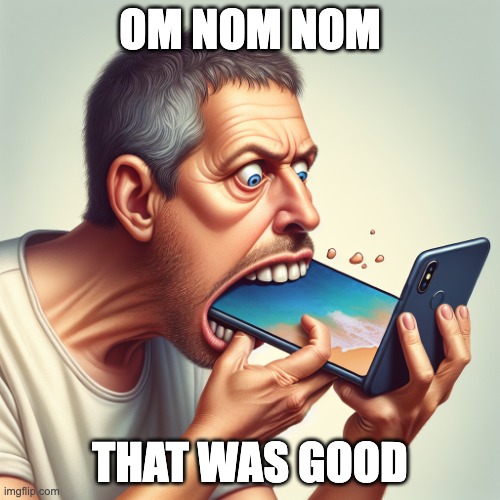 Man does eat a phone | OM NOM NOM; THAT WAS GOOD | image tagged in eating phone,stupid | made w/ Imgflip meme maker