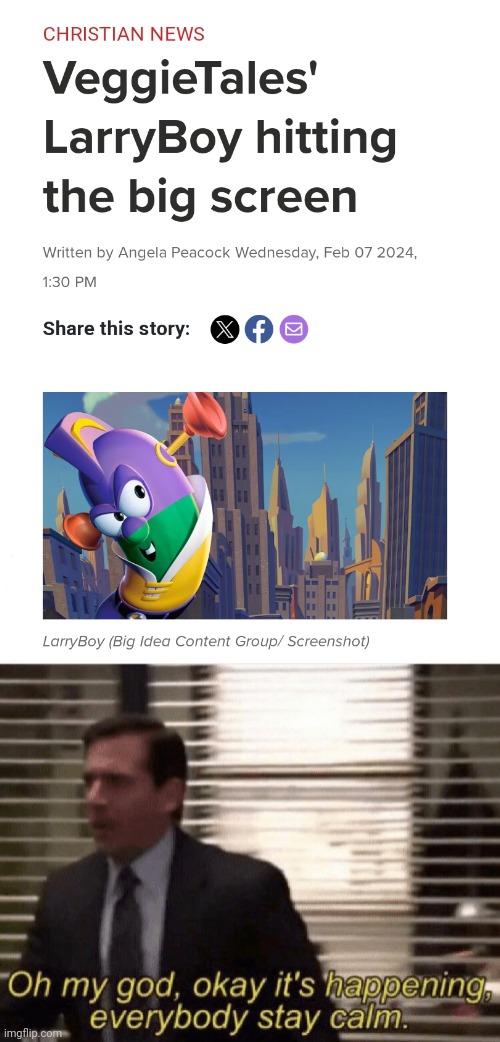 As long as Phil, Mike, Lisa and Kurt are heavily involved, I'm in. Just don't cast Chris Pratt as that hero | image tagged in oh my god okay it's happening everybody stay calm,dank memes,memes,funny,funny memes,veggietales | made w/ Imgflip meme maker
