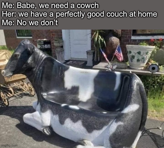 Cowch | Me: Babe, we need a cowch
Her: we have a perfectly good couch at home
Me: No we don’t | image tagged in couch,babe | made w/ Imgflip meme maker
