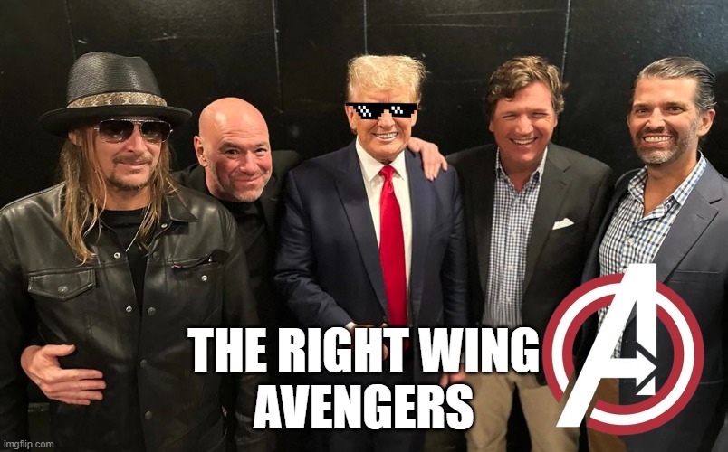 Doesnt anyone follow the conservative stream anymore and why do the followers numbers change? | THE RIGHT WING
AVENGERS | image tagged in avengers,donald trump,kid rock,joe rogan,tucker carlson,donald trump jr | made w/ Imgflip meme maker