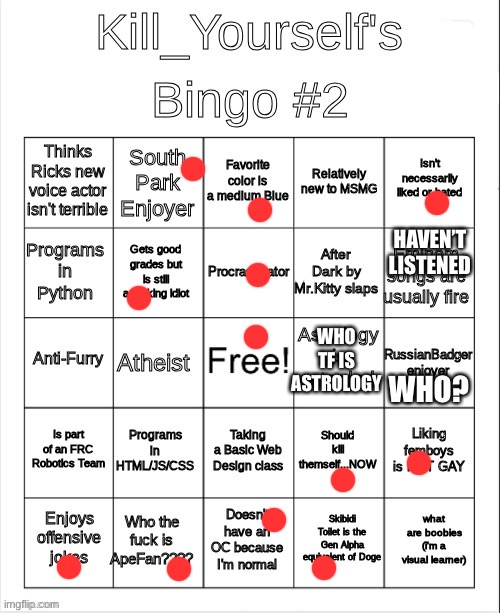 Kill_Yourself bingo 2 | HAVEN’T LISTENED; WHO TF IS ASTROLOGY; WHO? | image tagged in kill_yourself bingo 2 | made w/ Imgflip meme maker
