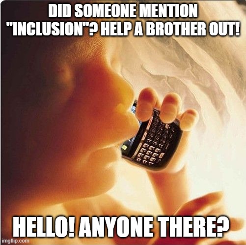 Baby in womb on cell phone - fetus blackberry | DID SOMEONE MENTION "INCLUSION"? HELP A BROTHER OUT! HELLO! ANYONE THERE? | image tagged in baby in womb on cell phone - fetus blackberry | made w/ Imgflip meme maker