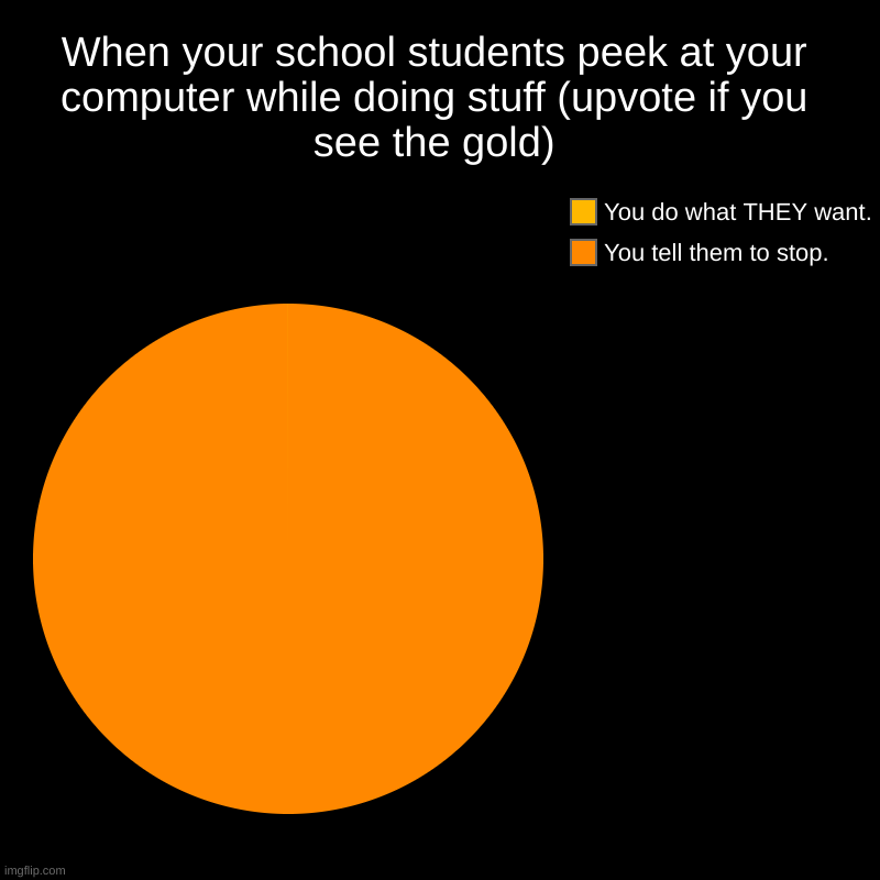 this is not upvote begging, really! | When your school students peek at your computer while doing stuff (upvote if you see the gold) | You tell them to stop., You do what THEY wa | image tagged in charts,pie charts | made w/ Imgflip chart maker
