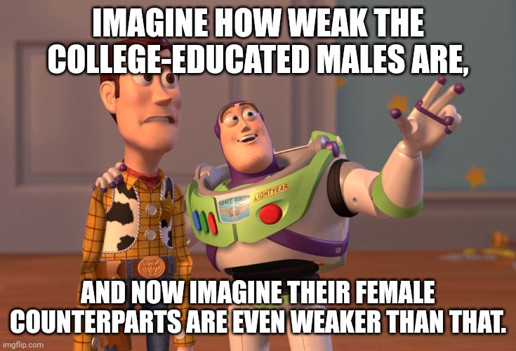 X, X Everywhere Meme | IMAGINE HOW WEAK THE COLLEGE-EDUCATED MALES ARE, AND NOW IMAGINE THEIR FEMALE COUNTERPARTS ARE EVEN WEAKER THAN THAT. | image tagged in memes,x x everywhere | made w/ Imgflip meme maker