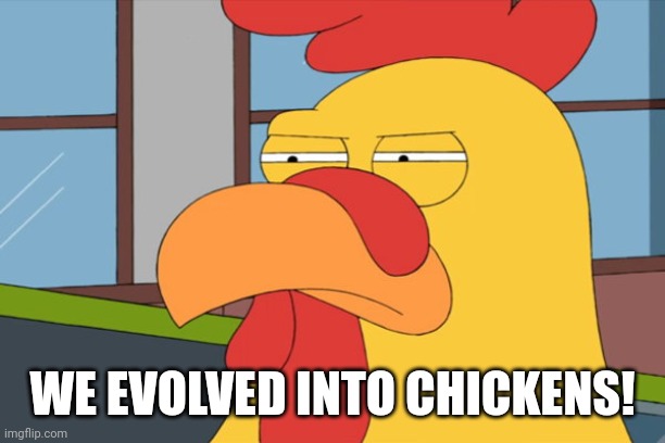 Family Guy Chicken | WE EVOLVED INTO CHICKENS! | image tagged in family guy chicken | made w/ Imgflip meme maker