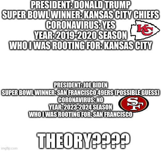 a little theory i came up with | PRESIDENT: DONALD TRUMP

SUPER BOWL WINNER: KANSAS CITY CHIEFS

CORONAVIRUS: YES

YEAR: 2019-2020 SEASON

WHO I WAS ROOTING FOR: KANSAS CITY; PRESIDENT: JOE BIDEN

SUPER BOWL WINNER: SAN FRANCISCO 49ERS (POSSIBLE GUESS)

CORONAVIRUS: NO

YEAR: 2023-2024 SEASON

WHO I WAS ROOTING FOR: SAN FRANCISCO; THEORY???? | image tagged in sports,nfl,super bowl | made w/ Imgflip meme maker