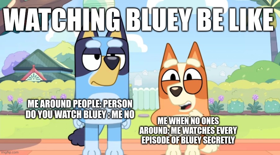 bluey unimpressed bingo happy | WATCHING BLUEY BE LIKE; ME AROUND PEOPLE: PERSON DO YOU WATCH BLUEY : ME NO; ME WHEN NO ONES AROUND: ME WATCHES EVERY EPISODE OF BLUEY SECRETLY | image tagged in bluey unimpressed bingo happy,bluey,bingo,bandit heeler change my mind,funny,tv show | made w/ Imgflip meme maker