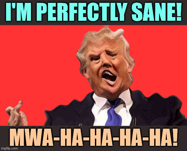 I'M PERFECTLY SANE! MWA-HA-HA-HA-HA! | image tagged in trump,insane,crazy,nuts,crackers,bananas | made w/ Imgflip meme maker
