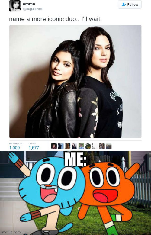 ME: | image tagged in name a more iconic duo,name a more iconic duo i'll wait,the amazing world of gumball,gumball watterson,darwin watterson,gumball | made w/ Imgflip meme maker