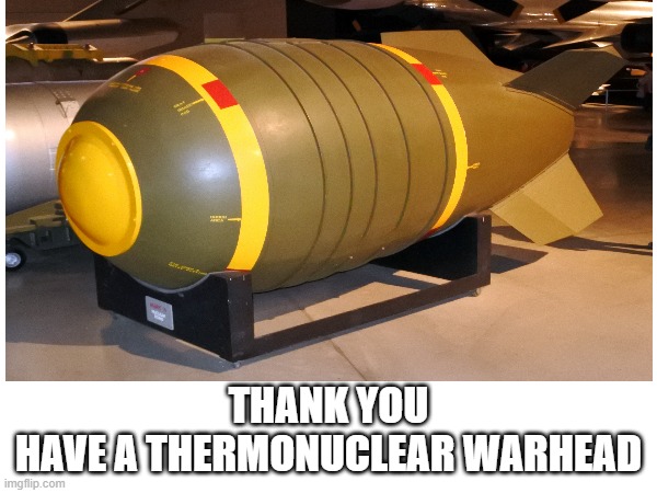 Thermonuclear warhead | THANK YOU
HAVE A THERMONUCLEAR WARHEAD | image tagged in nuclear bomb | made w/ Imgflip meme maker