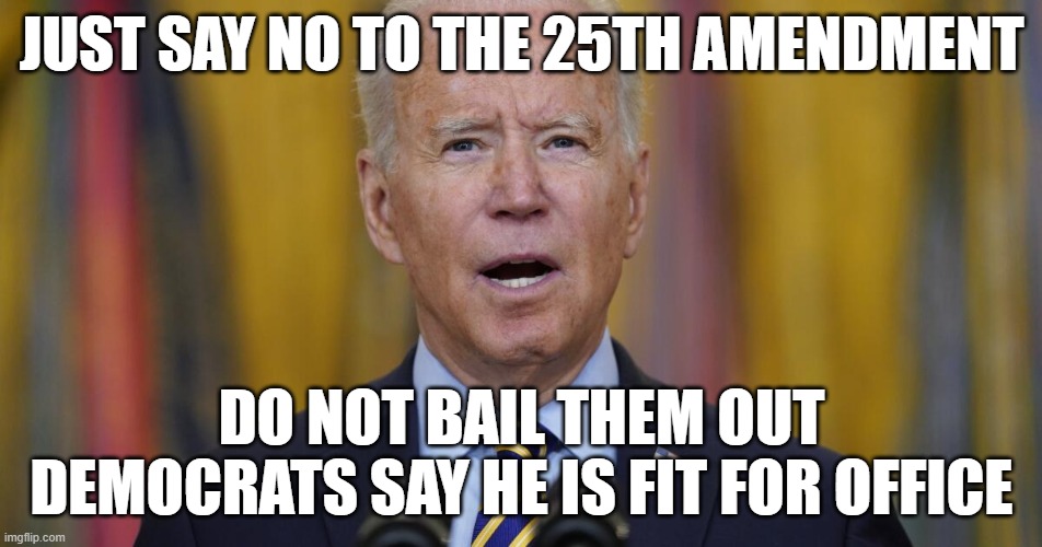 Run what you brung | JUST SAY NO TO THE 25TH AMENDMENT; DO NOT BAIL THEM OUT
DEMOCRATS SAY HE IS FIT FOR OFFICE | image tagged in joe biden,biden,fjb,just say no,dnc,democrats | made w/ Imgflip meme maker