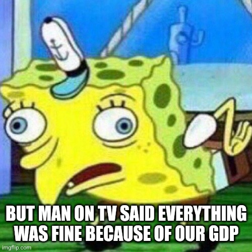 triggerpaul | BUT MAN ON TV SAID EVERYTHING WAS FINE BECAUSE OF OUR GDP | image tagged in triggerpaul | made w/ Imgflip meme maker
