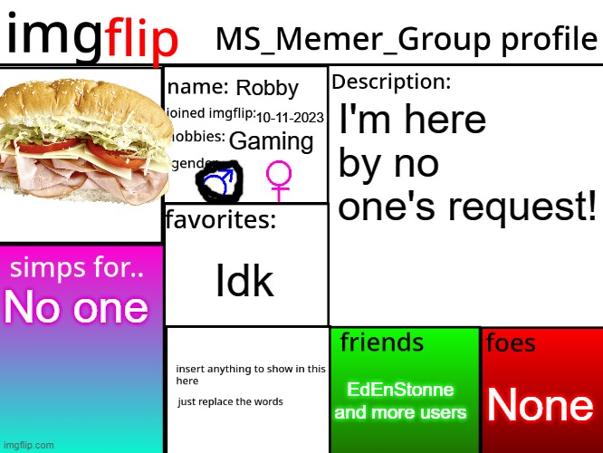 MSMG Profile | Robby; I'm here by no one's request! 10-11-2023; Gaming; Idk; No one; None; EdEnStonne and more users | image tagged in msmg profile | made w/ Imgflip meme maker