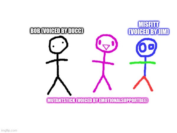 A few names so you know some characters in the lore | MISFITT (VOICED BY JIM); BOB (VOICED BY DUCC); MUTANTSTICK (VOICED BY EMOTIONALSUPPORTBEE) | made w/ Imgflip meme maker