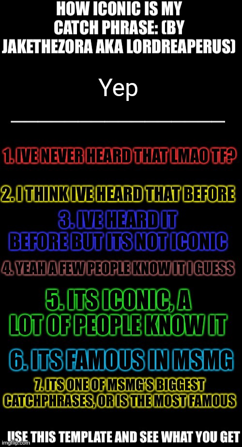 How iconic is my catchphrase | Yep | image tagged in how iconic is my catchphrase | made w/ Imgflip meme maker