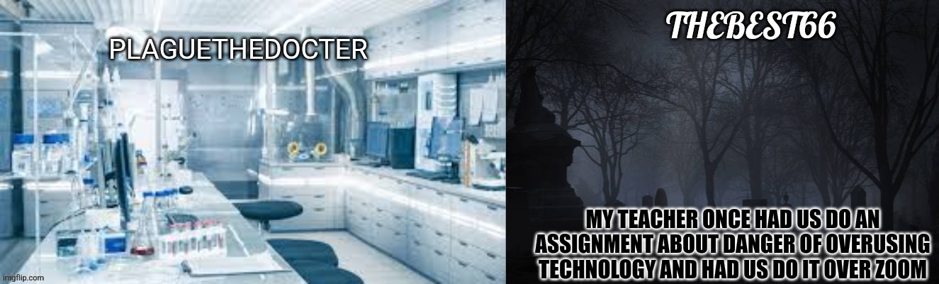 Plaguethedocter and Thebest66 | MY TEACHER ONCE HAD US DO AN ASSIGNMENT ABOUT DANGER OF OVERUSING TECHNOLOGY AND HAD US DO IT OVER ZOOM | image tagged in plaguethedocter and thebest66 | made w/ Imgflip meme maker