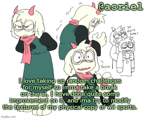 gonna be so fun | I love taking up random challenges for myself so imma take a break on the ai, I have done quite some improvement on it, and ima try to modify the textures of my physical copy of wii sports. | image tagged in my silly little template | made w/ Imgflip meme maker