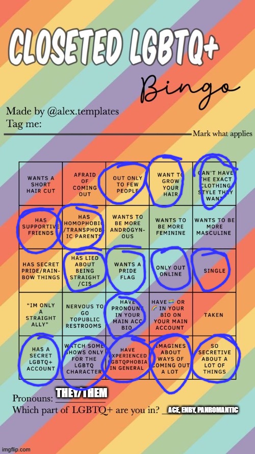 Updated meme (2024) | THEY/THEM; ACE, ENBY, PANROMANTIC | image tagged in closeted lgbtq bingo,non binary,asexual,pansexual | made w/ Imgflip meme maker