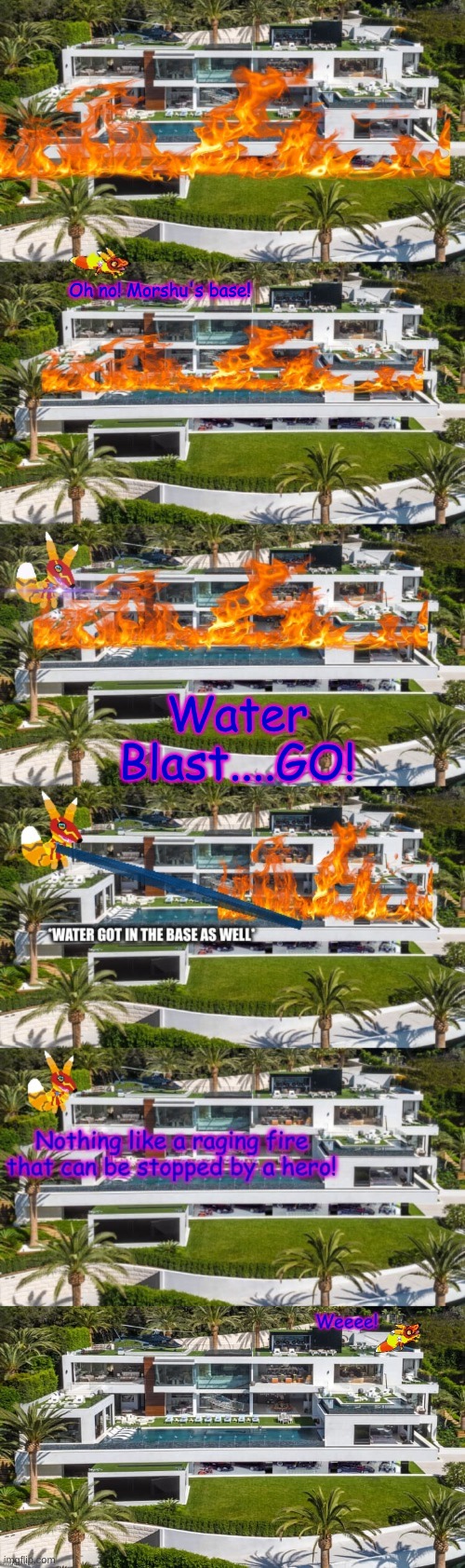 Super Pretztail's successful mission to save Morshu's Base | Oh no! Morshu's base! Water Blast....GO! | made w/ Imgflip meme maker