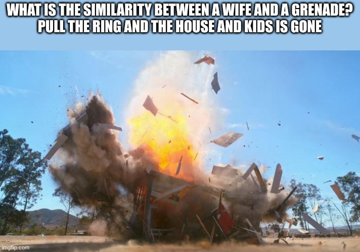 exploding house | WHAT IS THE SIMILARITY BETWEEN A WIFE AND A GRENADE?
PULL THE RING AND THE HOUSE AND KIDS IS GONE | image tagged in exploding house,joke | made w/ Imgflip meme maker