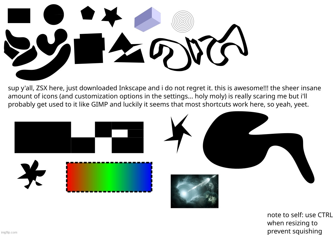 inkscape test image with stuff i copied from a tutorial, lmk if there are any tips or settings that would be useful for me | image tagged in drawing,experimental,inkscape,test,announcement | made w/ Imgflip meme maker