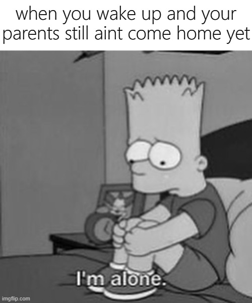 IM NOT ALO- | when you wake up and your parents still aint come home yet | image tagged in memes,funny,parents,wake up,im alone | made w/ Imgflip meme maker