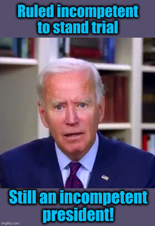 Dementia Joe gotta go | Ruled incompetent to stand trial; Still an incompetent
president! | image tagged in slow joe biden dementia face,incompetence,democrats,memes,election 2024 | made w/ Imgflip meme maker