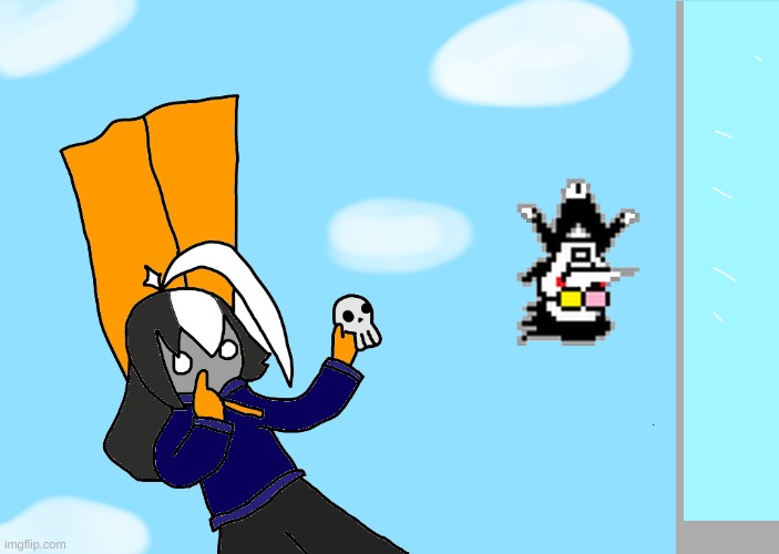 Repost of art I did in msmg of Cosmo and Spamton falling off a building | made w/ Imgflip meme maker