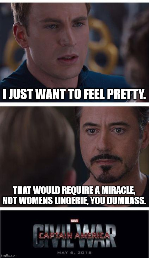 Marvel Civil War 1 | I JUST WANT TO FEEL PRETTY. THAT WOULD REQUIRE A MIRACLE, NOT WOMENS LINGERIE, YOU DUMBASS. | image tagged in memes,marvel civil war 1 | made w/ Imgflip meme maker