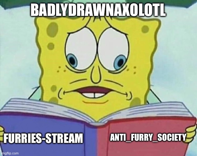 cross eyed spongebob | BADLYDRAWNAXOLOTL; ANTI_FURRY_SOCIETY; FURRIES-STREAM | image tagged in cross eyed spongebob | made w/ Imgflip meme maker
