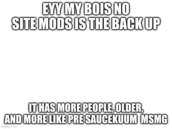 EYY MY BOIS NO SITE MODS IS THE BACK UP; IT HAS MORE PEOPLE, OLDER, AND MORE LIKE PRE SAUCEKUUM  MSMG | made w/ Imgflip meme maker