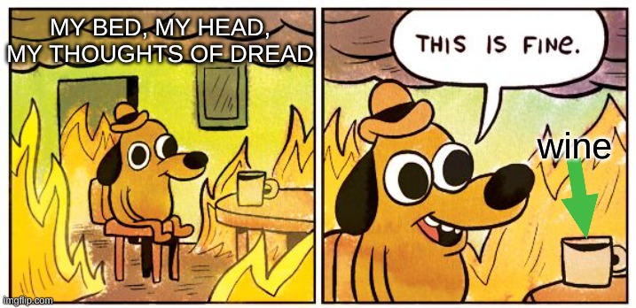 This Is Fine Meme | MY BED, MY HEAD, MY THOUGHTS OF DREAD; wine | image tagged in memes,this is fine | made w/ Imgflip meme maker