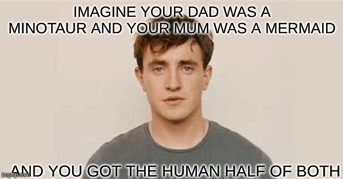 normal person | IMAGINE YOUR DAD WAS A MINOTAUR AND YOUR MUM WAS A MERMAID; AND YOU GOT THE HUMAN HALF OF BOTH | image tagged in normal person,crossbreeded | made w/ Imgflip meme maker