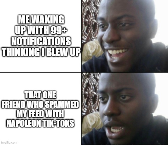 Its not worth it man | ME WAKING UP WITH 99+ NOTIFICATIONS THINKING I BLEW UP; THAT ONE FRIEND WHO SPAMMED MY FEED WITH NAPOLEON TIK-TOKS | image tagged in happy / shock,funny,memes,meme,funny memes,relatable | made w/ Imgflip meme maker