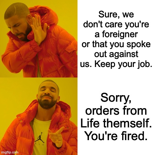 Mongols conquering | Sure, we don't care you're a foreigner or that you spoke out against us. Keep your job. Sorry, orders from Life themself. You're fired. | image tagged in memes,drake hotline bling | made w/ Imgflip meme maker