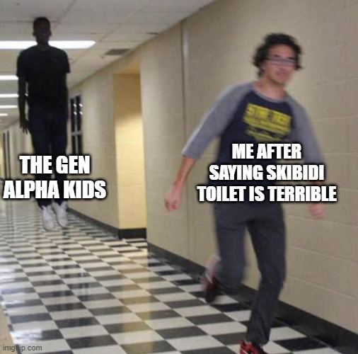 floating boy chasing running boy | ME AFTER SAYING SKIBIDI TOILET IS TERRIBLE; THE GEN ALPHA KIDS | image tagged in floating boy chasing running boy | made w/ Imgflip meme maker