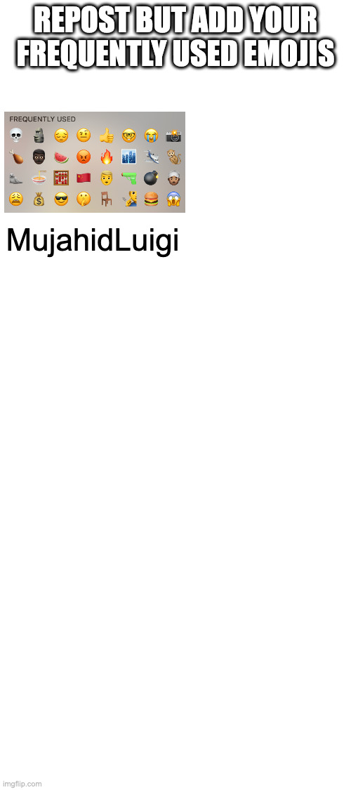 REPOST BUT ADD YOUR FREQUENTLY USED EMOJIS; MujahidLuigi | made w/ Imgflip meme maker