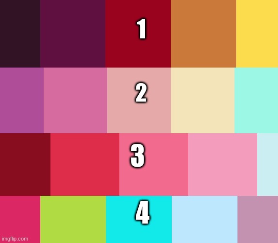 Choose what color palette I should use for a character | 1; 2; 3; 4 | made w/ Imgflip meme maker