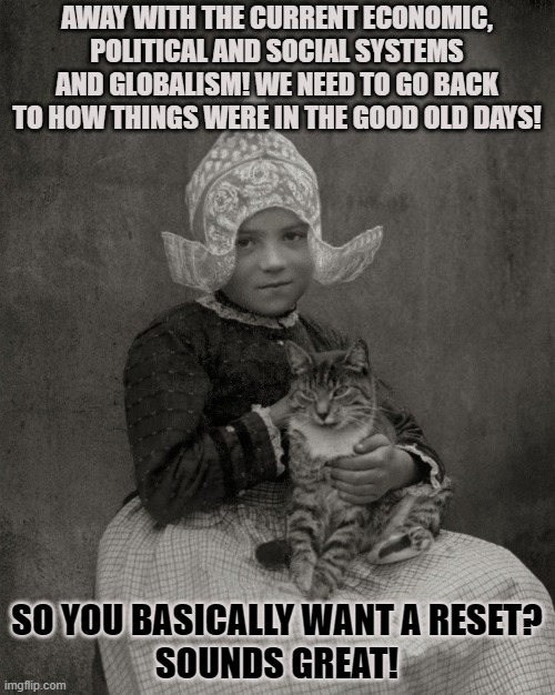 This #lolcat wonders why people state they want a great reset | AWAY WITH THE CURRENT ECONOMIC, POLITICAL AND SOCIAL SYSTEMS AND GLOBALISM! WE NEED TO GO BACK TO HOW THINGS WERE IN THE GOOD OLD DAYS! SO YOU BASICALLY WANT A RESET?
SOUNDS GREAT! | image tagged in great reset,lolcat,stupid people,good old days,think about it | made w/ Imgflip meme maker