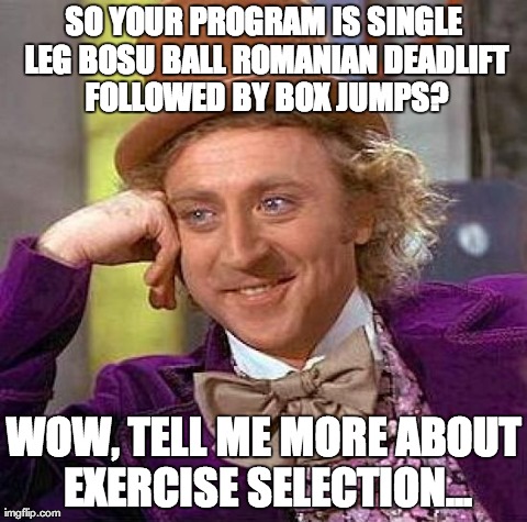 Creepy Condescending Wonka Meme | SO YOUR PROGRAM IS SINGLE LEG BOSU BALL ROMANIAN DEADLIFT FOLLOWED BY BOX JUMPS? WOW, TELL ME MORE ABOUT EXERCISE SELECTION... | image tagged in memes,creepy condescending wonka | made w/ Imgflip meme maker