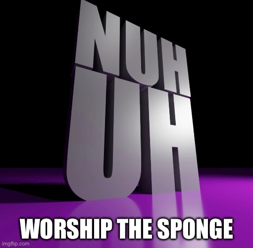 nuh uh 3d | WORSHIP THE SPONGE | image tagged in nuh uh 3d | made w/ Imgflip meme maker