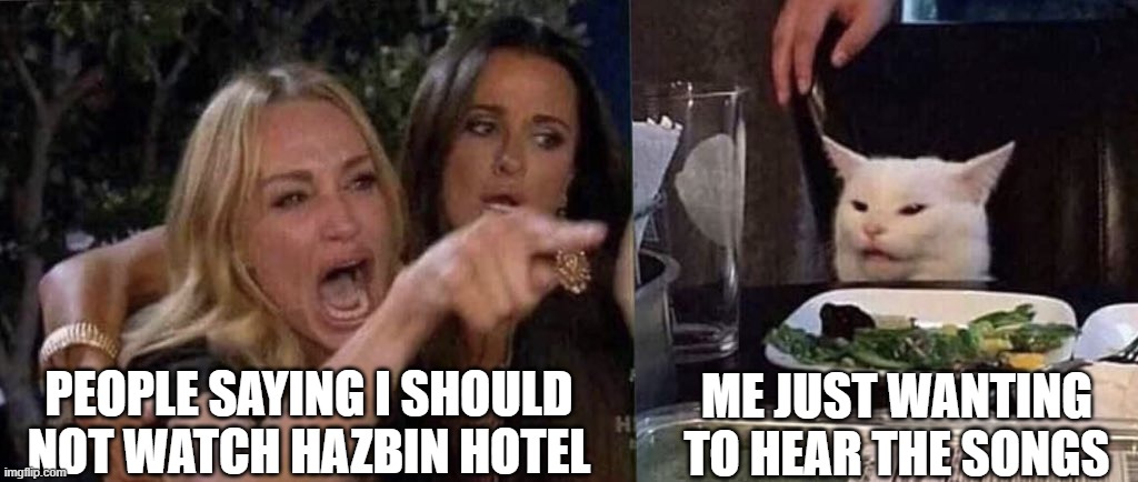 woman yelling at cat | PEOPLE SAYING I SHOULD NOT WATCH HAZBIN HOTEL; ME JUST WANTING TO HEAR THE SONGS | image tagged in woman yelling at cat | made w/ Imgflip meme maker