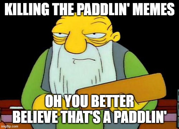 The way I see it the paddlin memes are dying obviously | KILLING THE PADDLIN' MEMES; OH YOU BETTER BELIEVE THAT'S A PADDLIN' | image tagged in memes,that's a paddlin',dank memes,savage memes,funny,paddling | made w/ Imgflip meme maker